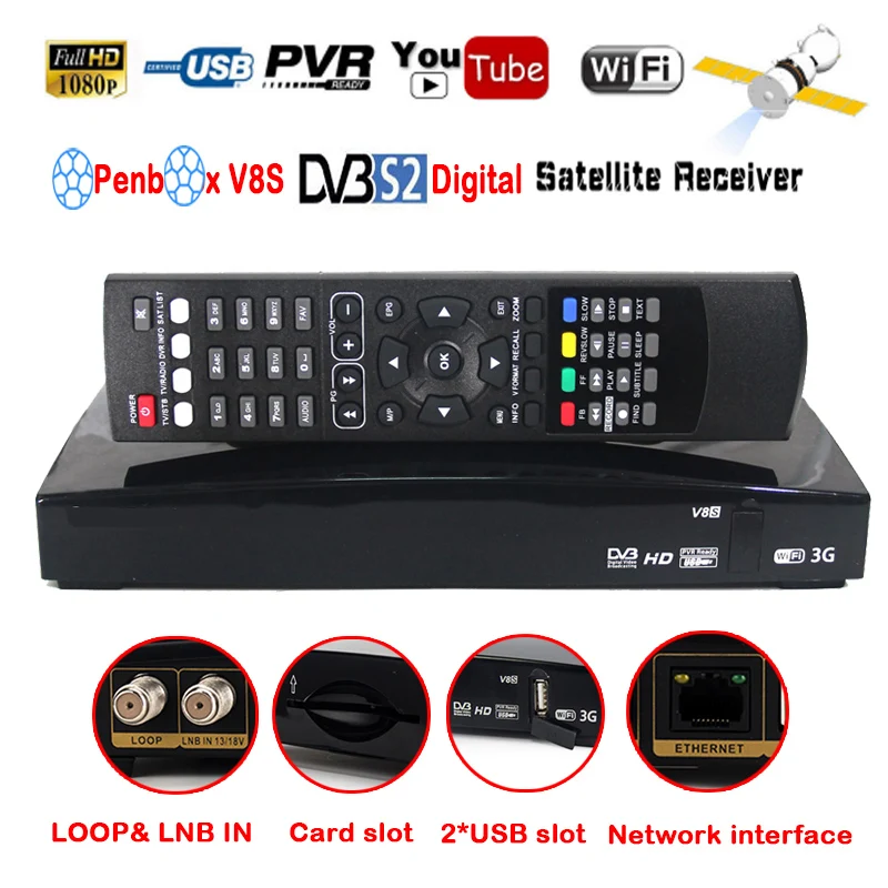 

Original V8S Plus DVB-S2 Digital Satellite TV Receiver DVB S2 2x USB Slot Wifi 3G support card youporn NEWCAMD DVB S2 TV box