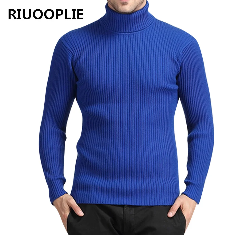 RIUOOPLIE Autumn Winter Mens Slim Fit High Neck Woolen Sweater Fashion Solid Color 2