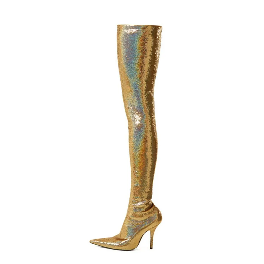 knee high boots with gold heel
