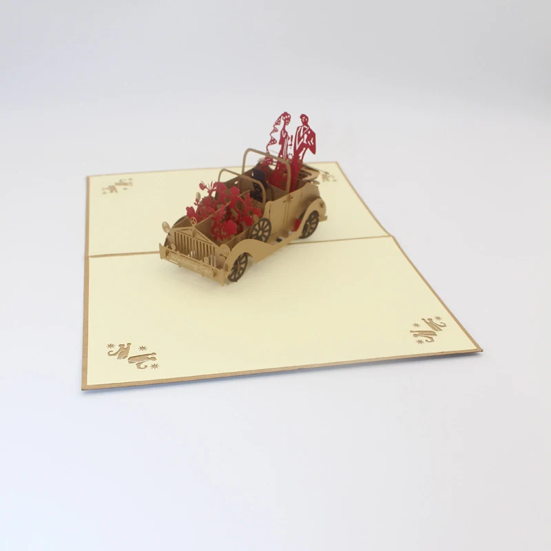  3D laser cut Bride Groom Retro old car Paper Wedding Invitation Greeting Cards + Envelope Engagemen - 32892343641
