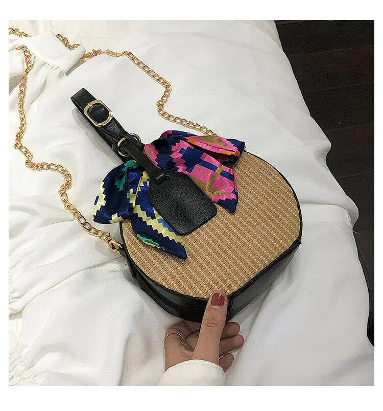 Новая соломенная сумка, модная женская сумка через плечо, ручная плетеная Сумка из ротанга, круглая пляжная сумка, сумочка - Цвет: Черный