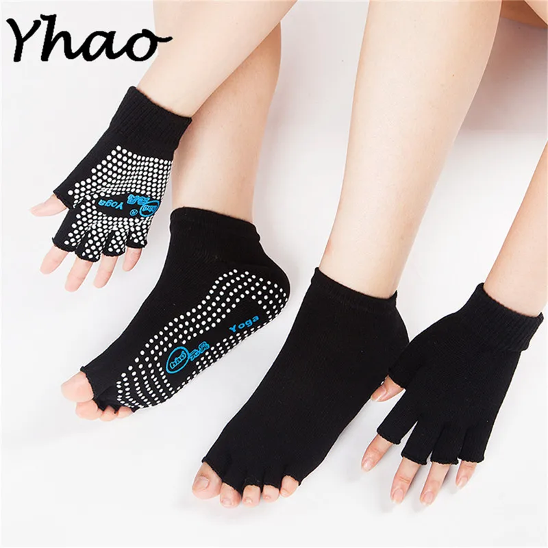 Профессиональные Нескользящие хлопковые носки с пальцами для йоги и перчатки, набор для пилатеса, женские носки