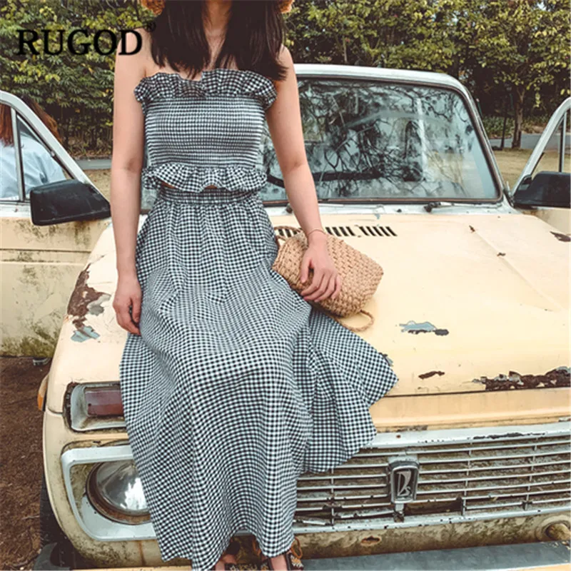 

RUGOD Two pieces women sets tops and dress plaid elegant loose strapless ankle-length summer bodysuits casual vintage sukienki