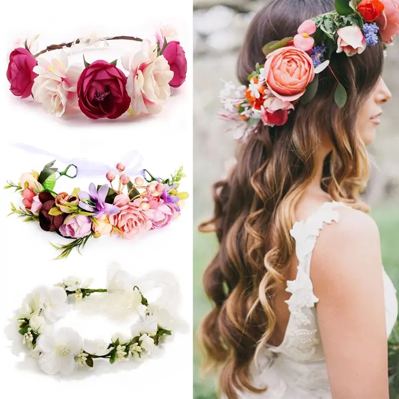 

Imixlot Women Flower Crown Hair Band Wedding Floral Headband Garland Ribbon Bow Girl Flower Wreath Elastic Hair Accessories