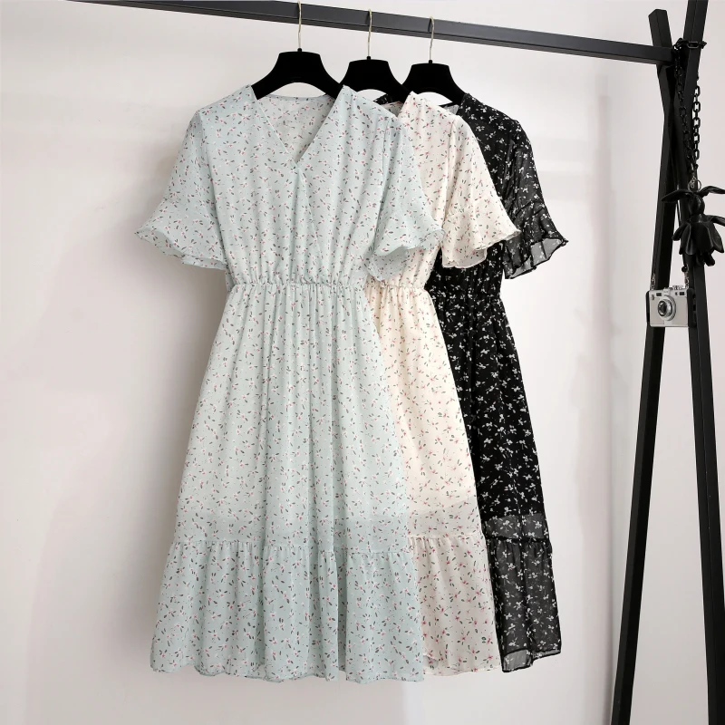 

Chic Floral Black Dress Chiffon Harajuku Fresh Chic S-XL White Casual Dress Elegant Ladies V Neck Kpop Ruffle Vintage Robe Femme