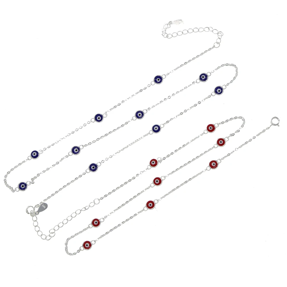 

silver over 925 sterling silver chain red blue enamel evil eye charm station chain Lucky tiny disco dots necklace jewelry