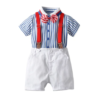 

Baby Toddler Boys Clothes Summer New Red&White Bow + Shirt + White Shorts + Red Belt Children Outfit Set Blue&White Striped