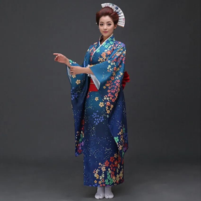 High Quality Fashion Blue Japanese Women Kimono Yukata With Obi Sexy Women S Bar Costume