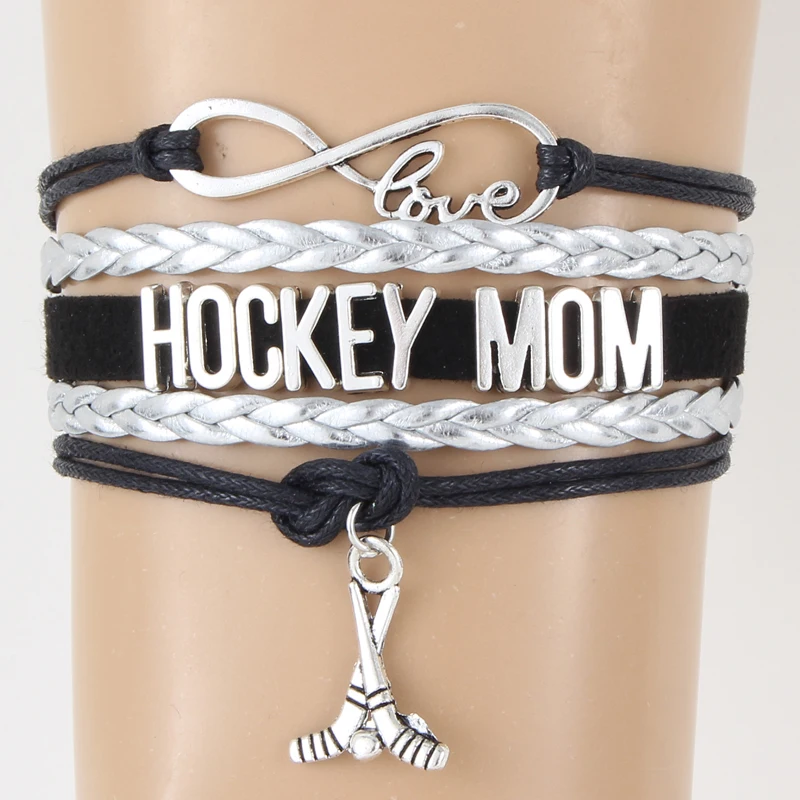 Infinity Love Hockey Mom Bracelet & Bangles Hockey Charm Gift for Women Men Black Silver Wax Suede Leather Jewelry Drop Shipping