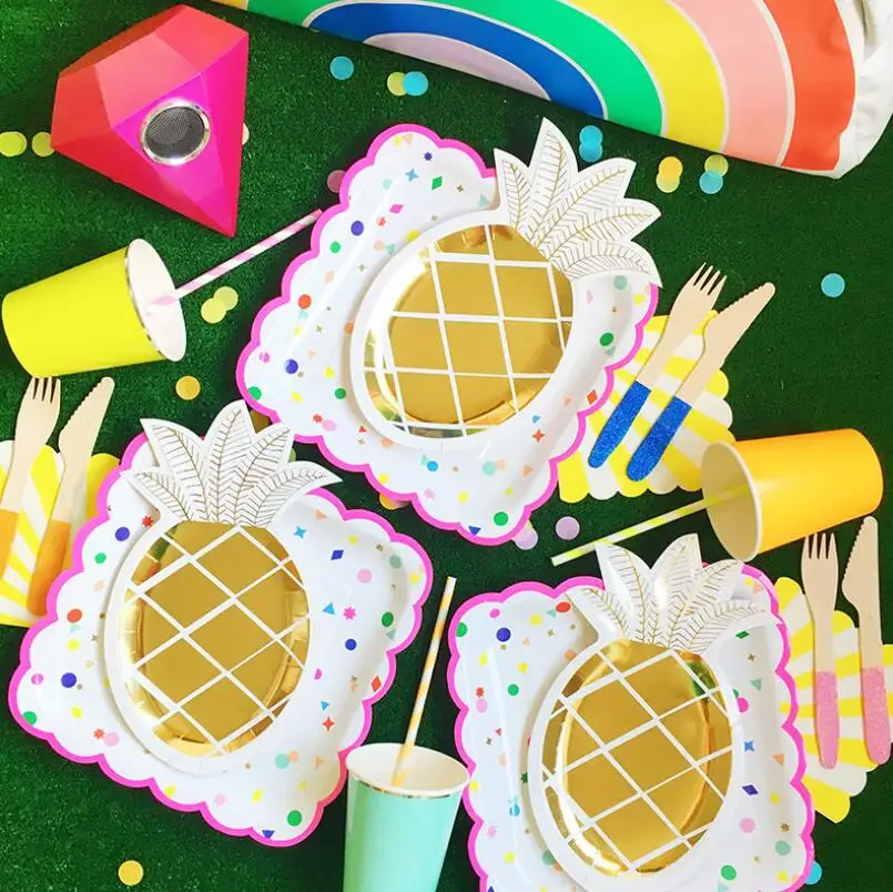 

8pcs Golden Fruit, Pineapple, Paper Plate Tableware Disposable Birthday Party Supplies Decoration Paper Barbecue Reception Cup
