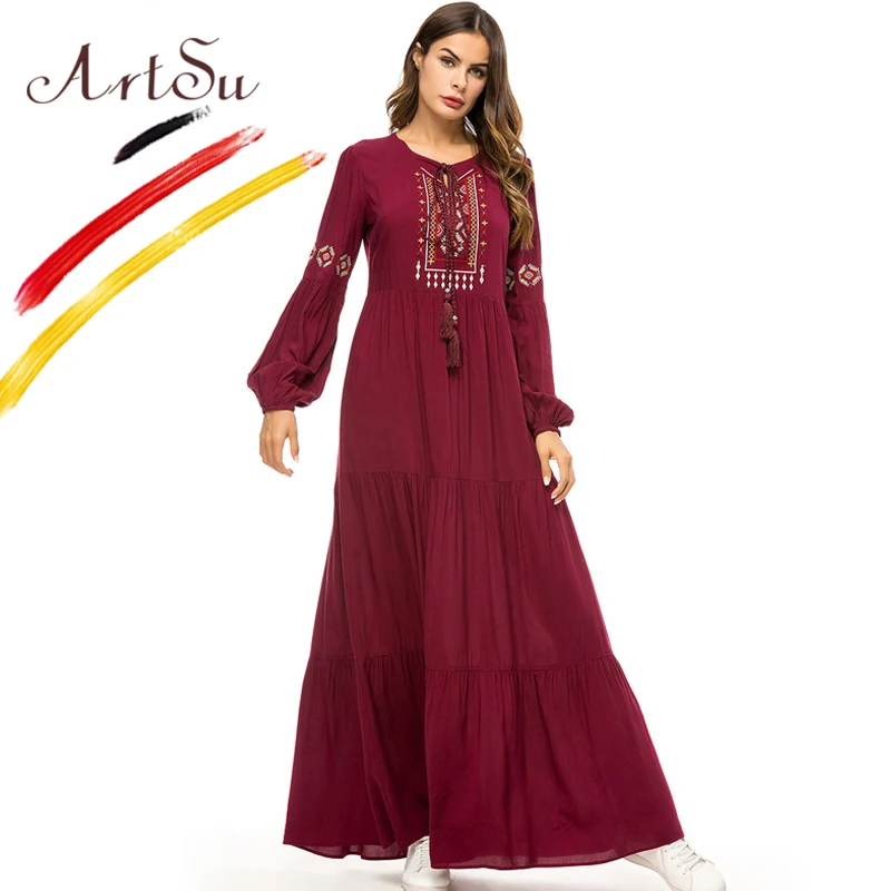 

ArtSu 2018 Retro Ethnic Robe Femme Burgundy Women Long Sleeve Geometric Embroidery Autumn Maxi Dress Plus Size Pleated Vestido