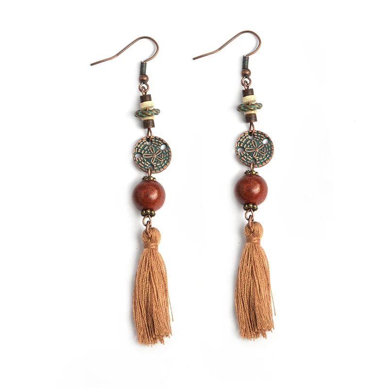 

Brown Fiber Long Woolen Tassel Beads Drop Earrings Vintage Bohemian Ethnic Dangle Earrings For Women Boho Beach Holiday Jewelry