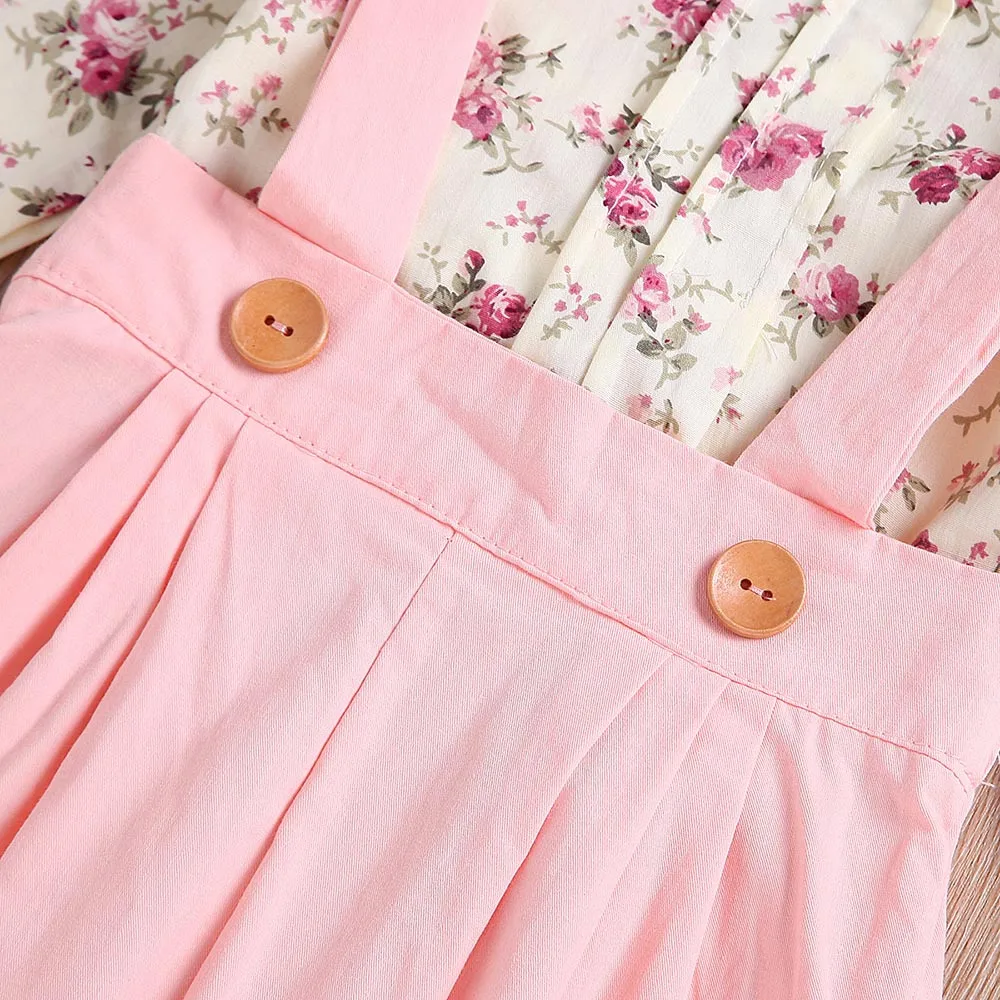

Summer Clothing Set 2019 Girls Long Sleeve Floral Tops+Solid Overalls Pants Clothes Outfits