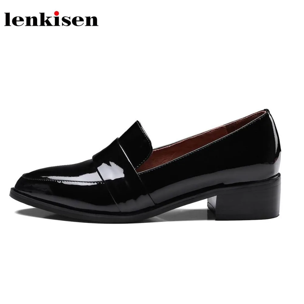 

Lenkisen patent cow leather pointed toe slip on summer brand shoe shallow runway elegant concise office lady women med pumps L55