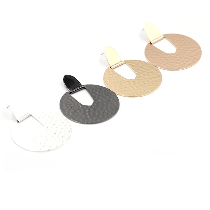 

2019 Big 4.5cm Fan Hammered Big Round Earrings Rose Gold Silver Gun Metal Dangle Earrings For Women High Polish Earrings