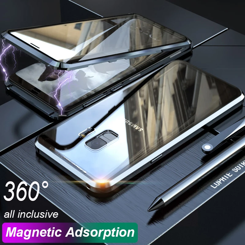 

360 Full Cover Double sided Glass build-in Magnet Metal Frame Magnetic Adsorption Flip Case for Samsung S10 S9 S8 Plus Note 9 8