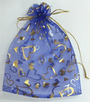 

Wholesale 100pcs/lot 7x9cm Heart Gold Bronzing Organza Bags Blue Jewelry Bags And Packaging Small Drawstring Pouches Gift Bag