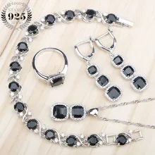 Черный циркон, 925 серебро, Свадебные Ювелирные наборы, женские подвески, браслеты, ожерелье, кольца, серьги, набор, белые стразы, подарочная коробка