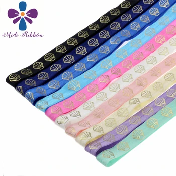 

5/8"16mm(1.5cm) Gold Sea Shell Beach Clam Printed Fold Over Elastic 50y/lot handmade Hair Tie Headband Sewing 10 Colors