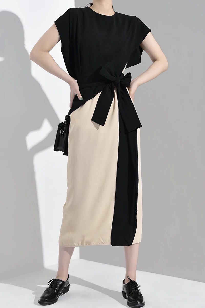 [EAM] Новое весенне-летнее Бандажное платье с круглым вырезом и коротким рукавом популярного цвета с разрезом на талии Женская мода YC8460