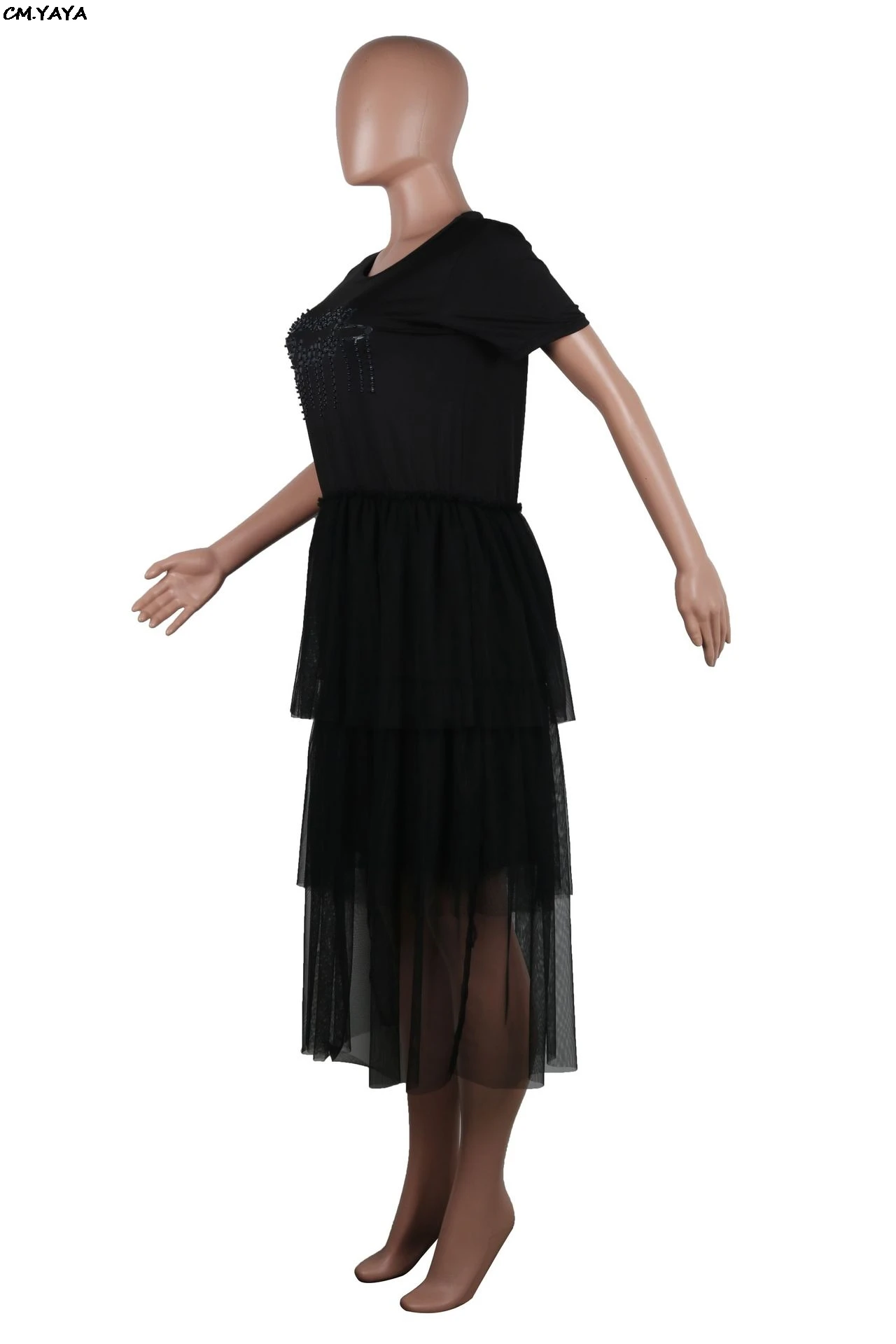 Новое летнее женское платье-Тройник с каскадными сетчатыми оборками, с коротким рукавом, Модные Повседневные Платья До Колена, 3 цвета GLSY8357