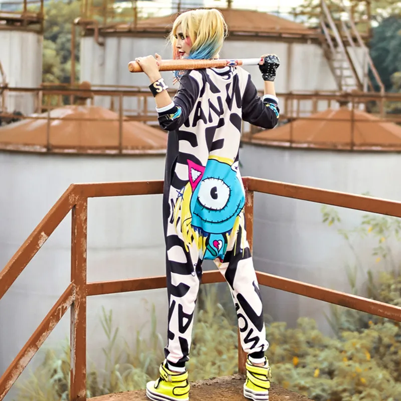 

2019 Winter Hip Hop Dance Harem Pants Women Jumpsuits Playsuits Bodysuits Trousers Personality Loose Cartoon Pants Women Rompers