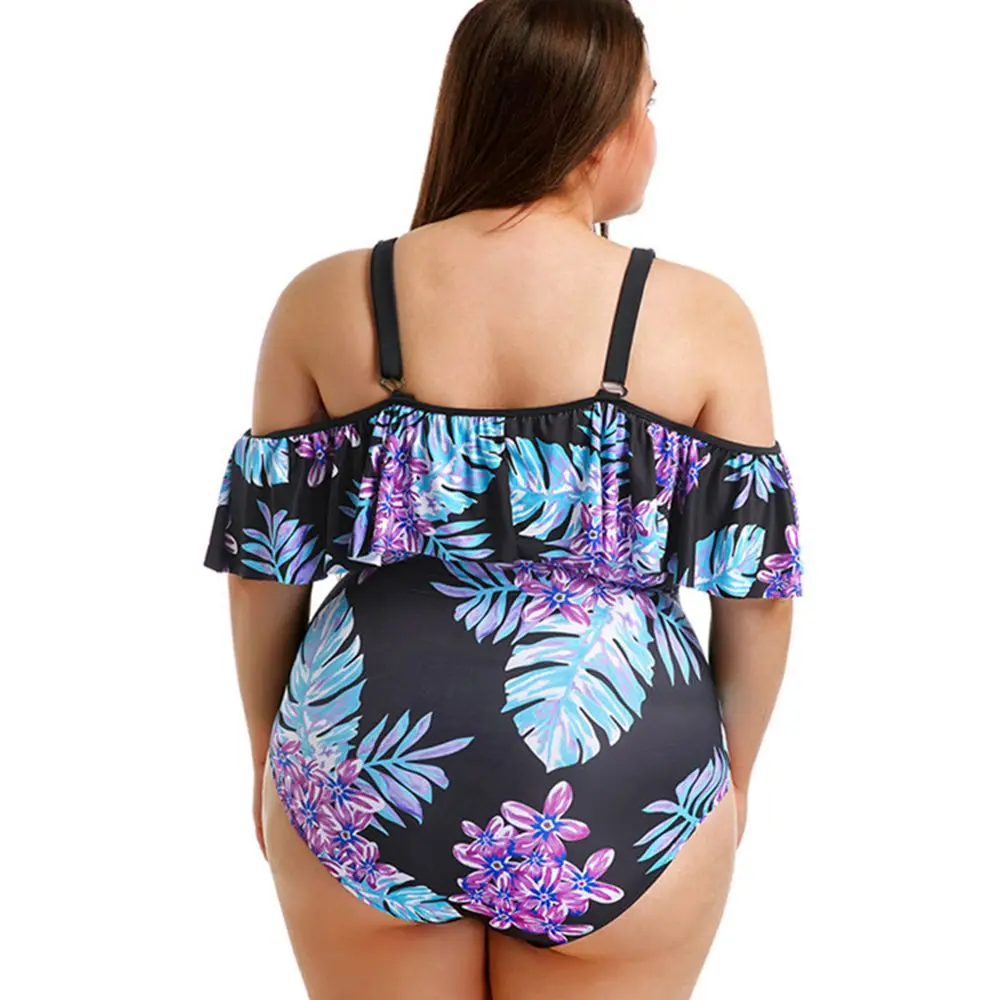 Floral one piece swimsuit plus size off shoulder swimwear ruffle maillot large sizes swimwear one piece ruffled swimsuits