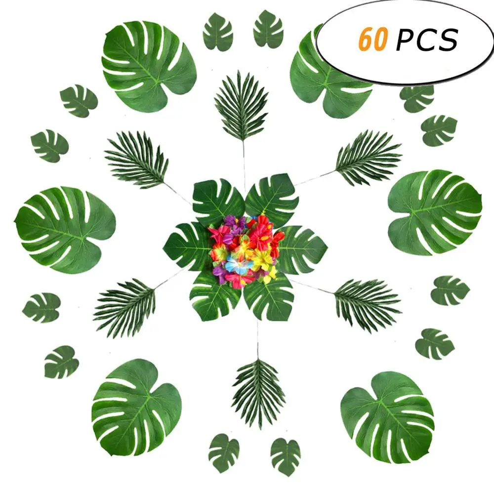 

60pcs Hawaiian Simulation Soft Turtle Leaves Artificial Hibiscus Flowers Party Supplies Tropical Rain Forest Beach Party Decor
