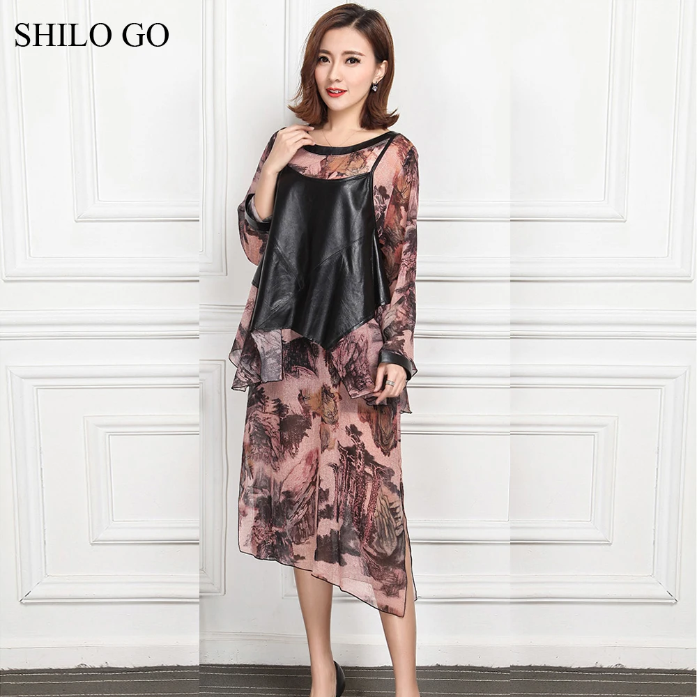 SHILO GAAN Lederen Jurk Womens Lente Mode schapenvacht lederen Jurk Bohemen Print Batwing Mouwen stitch Chiffon losse SHILO GAAN Lederen Jurk Womens Lente Mode schapenvacht lederen Jurk Bohemen Print Batwing Mouwen stitch Chiffon losse
