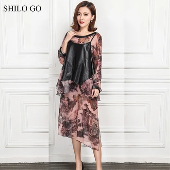 

SHILO GO Leather Dress Womens Spring Fashion sheepskin genuine Leather Dress Bohemia Print Batwing Sleeve stitch Chiffon loose