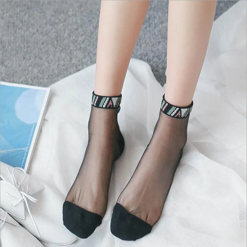 

CUHAKCI Transparent Crystal Lace Elastic Summer Ankle Socks Classical Women Ladies Sock Sheer Mesh Glass Silk Socks Ultrathin