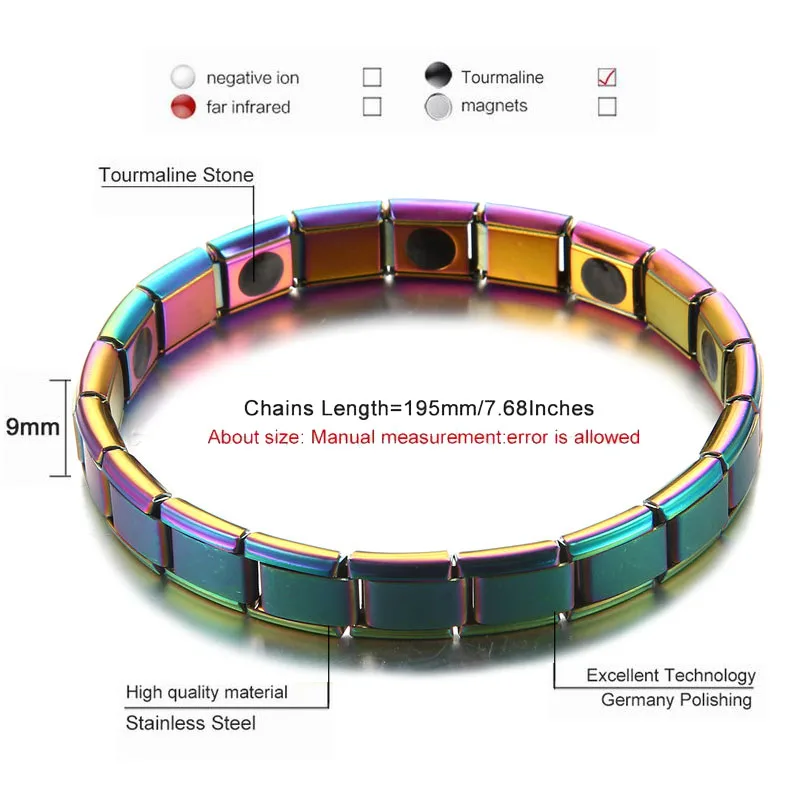 Эластичные цепочки ссылка Нержавеющая сталь турмалиновый, для энергии баланс Магнитный Браслеты для Для женщин здоровый уход, ювелирные изделия в качестве подарка