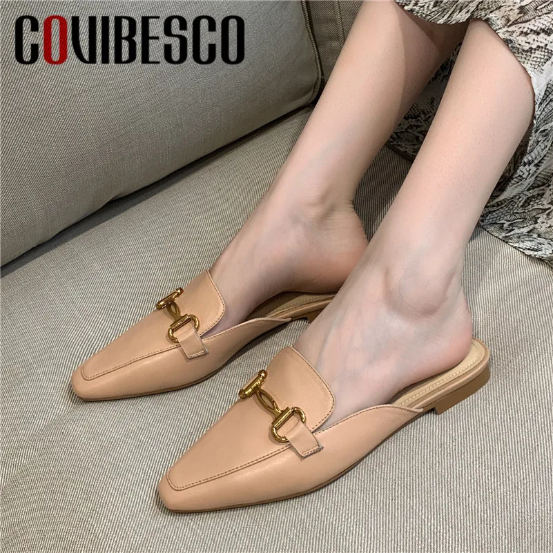 

COVIBESCO Fashion Vintage Pointed Toe Shallow Slip On Women Flats Genuine Leather Mules Women Sandals Party Casual Shoes Woman