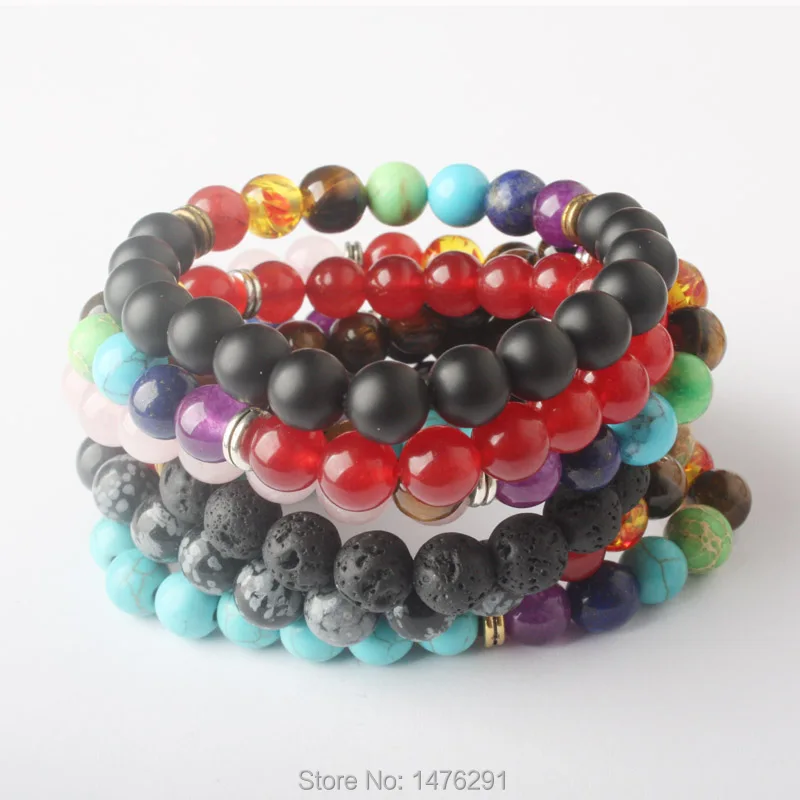 8x8MM Mix 7 Color Bracelets Rose Crystal Volcanic Snowy obsidian Beads Chakra Healing Bracelet For Men Women Prayer Stones 7&quotL |