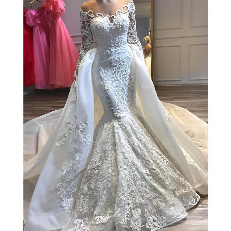 Robe De Mariee роскошное кружевное свадебное платье русалки со съемной юбкой Иллюзия длинный рукав Свадебные платья большого размера