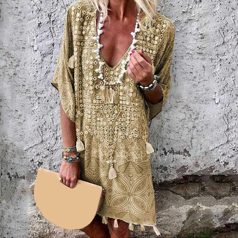 

Fashion Women's Dress Clothing Summer Bohemian V-Neck Printed Half-sleeve Beach Holiday Female Dress