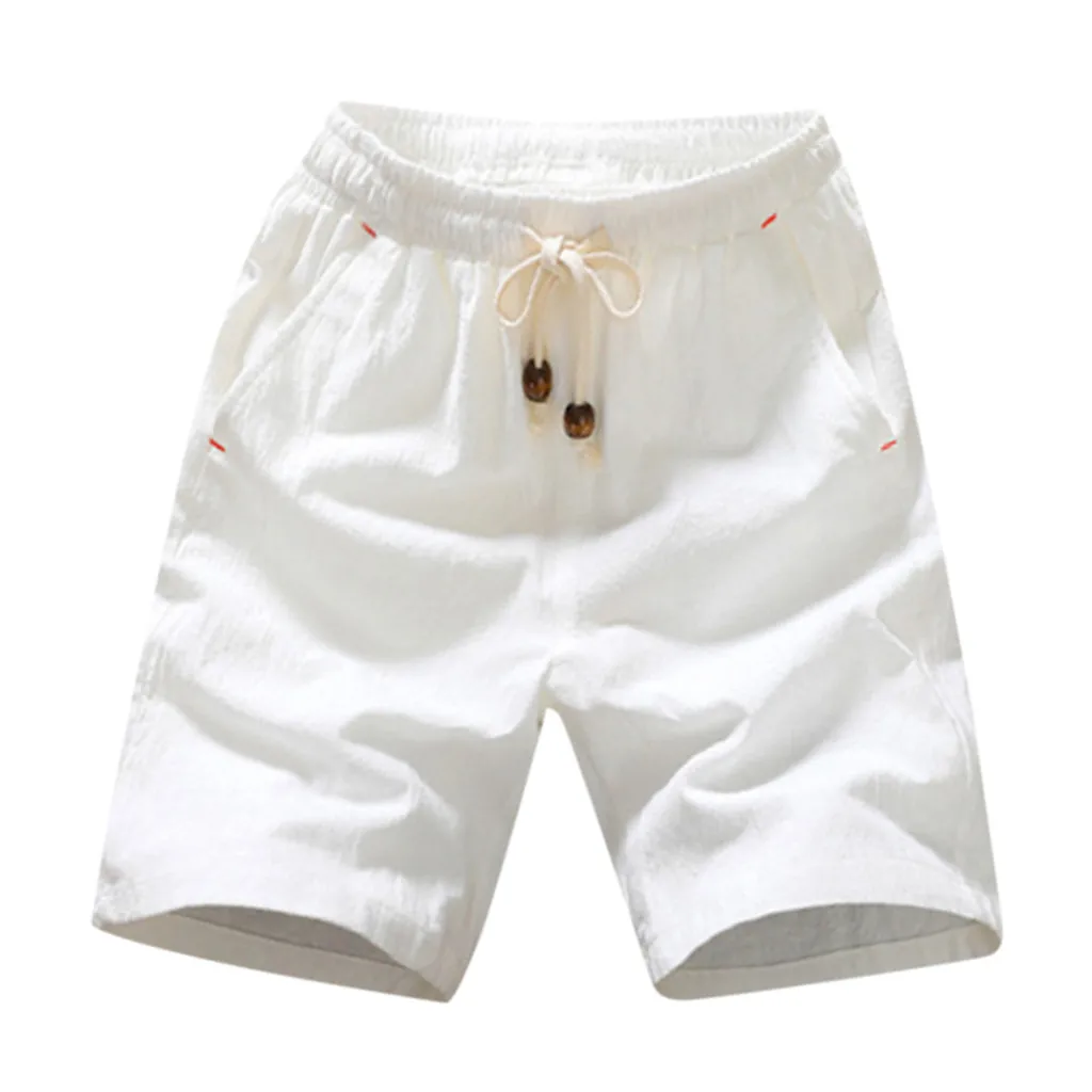 Мужские модные летние повседневные однотонные хлопковые льняные шорты с карманами и завязками - Цвет: White