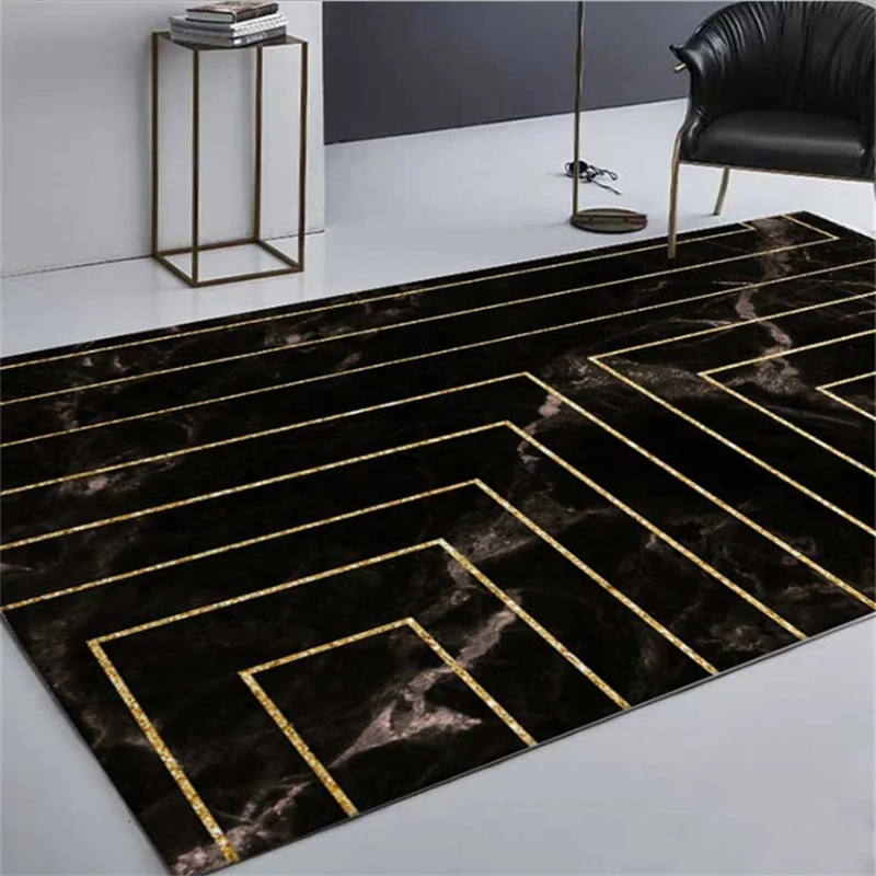 Area Rug for Living Room Carpet Kids Room Area Rug for Bedroom Black Marble Pattern Gold Geometric Line Carpet  100% Polyester