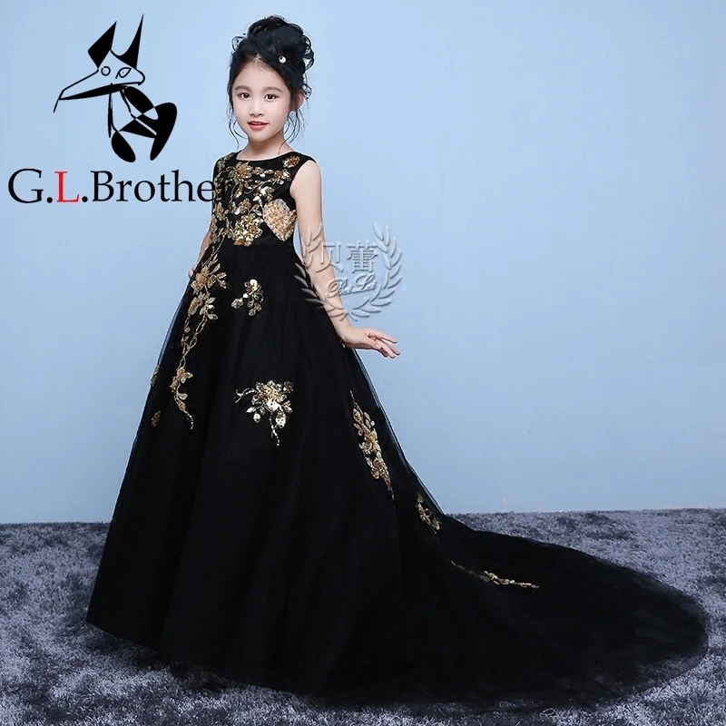 

Black 2018 Long Tailing Princess Flower Royal Mermaid Dress Party Ball Gown Holy Communion For Birthday Wedding Dress M12