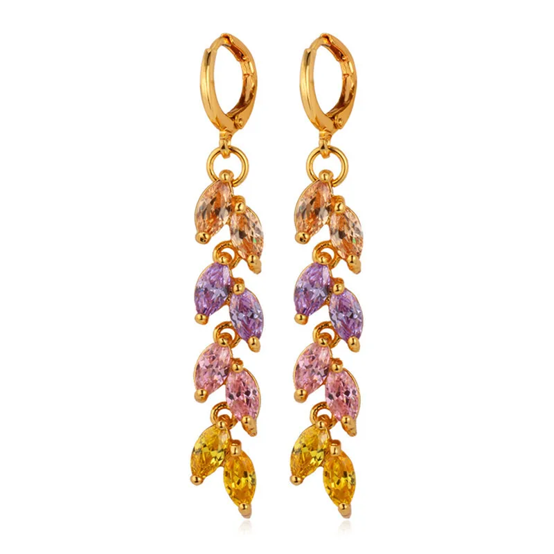Длинные Серьги желтого золота Цвет AAA+ циркон милые цветочные Винтаж Jewelry Для женщин Мода Кристалл Висячие серьги e5235 - Окраска металла: Золотой цвет
