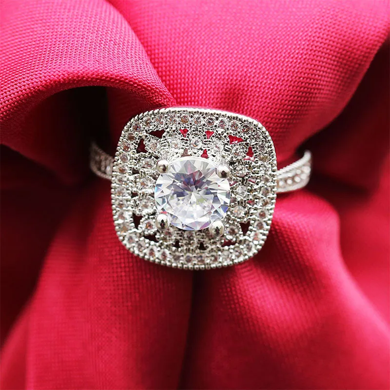 

2019 Luxury Clear Zircon Hollow Out Flower Square Ring S925 Sterling Silver CZ Ring For Female Engagement Wedding Jewelry Gift