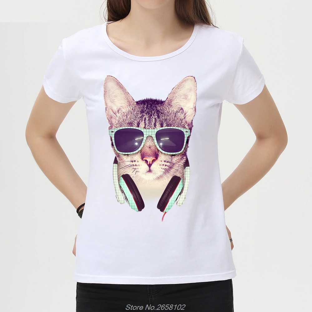 Модные DJ Cat Дизайн Для женщин футболка Топы с короткими рукавами Новинка Cool Cat печати футболки Футболка Harajuku уличная