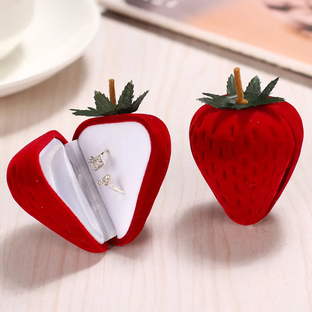 Cute Strawberry Form Box Nice Gift Velvet Ring Storage Case Jewelry Box With Ring Nice Flower Birthday Party Red Pink Gift Box