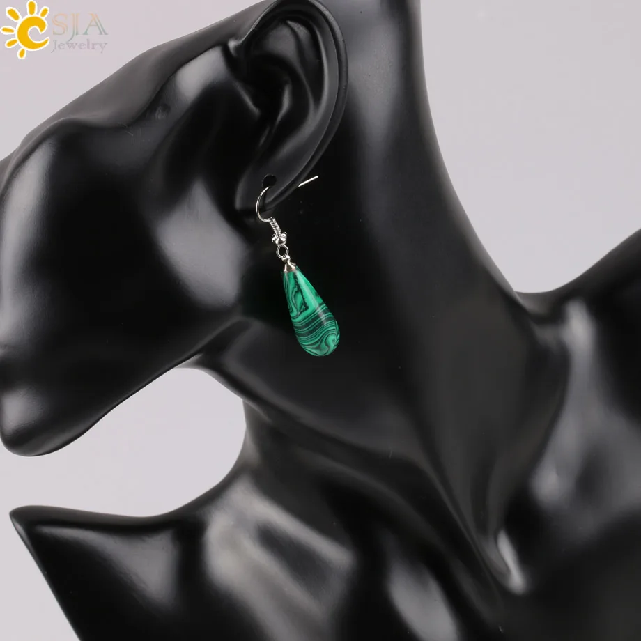 Malachite CSJA летние женские ювелирные изделия натуральный рейки драгоценный камень для чакры подвеска с бусинами из камней Капля воды Висячие серьги розовый фиолетовый кристалл подарок E110 - Окраска металла: Malachite