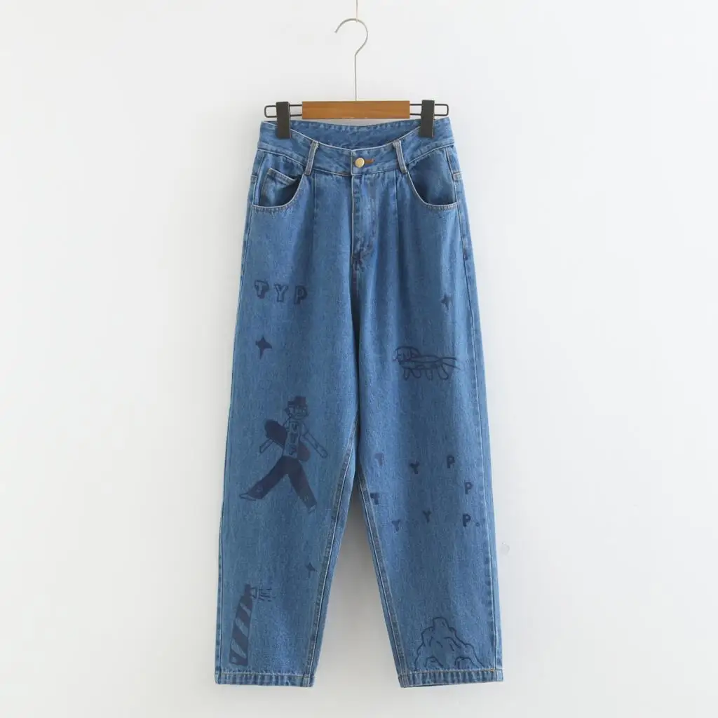 Модные женские джинсы полной длины, женские джинсовые штаны с мультяшным принтом, прямые штаны с высокой талией - Цвет: Синий