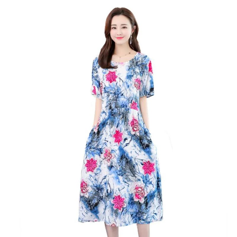 

2019 Women Clothes Middle-aged Fashion Print Beach Dress Loose Plus Size 6XL Short Sleeve O-neck Casual Long Sundress Vestidos