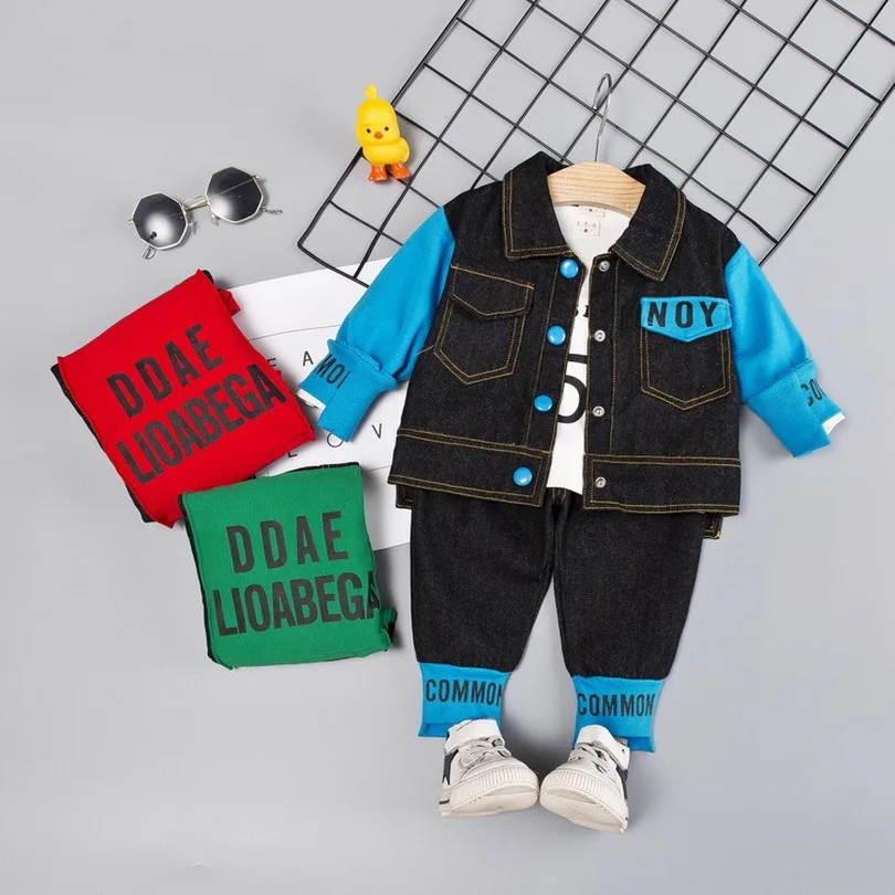 

2019 Baby Clothes Autumn Baby Boy Clothing Children's Denim Jacket Striped T-shirt Color Matching Jeans 3 Piece Baby Clothing