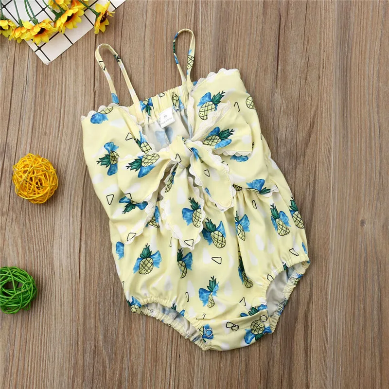 

Newborn Infant Baby Girls Sleeveless Halter Bow Knot Rompers Bodysuit Pineapple Print Off Shoulder Jumpsuit Outfit Clothes