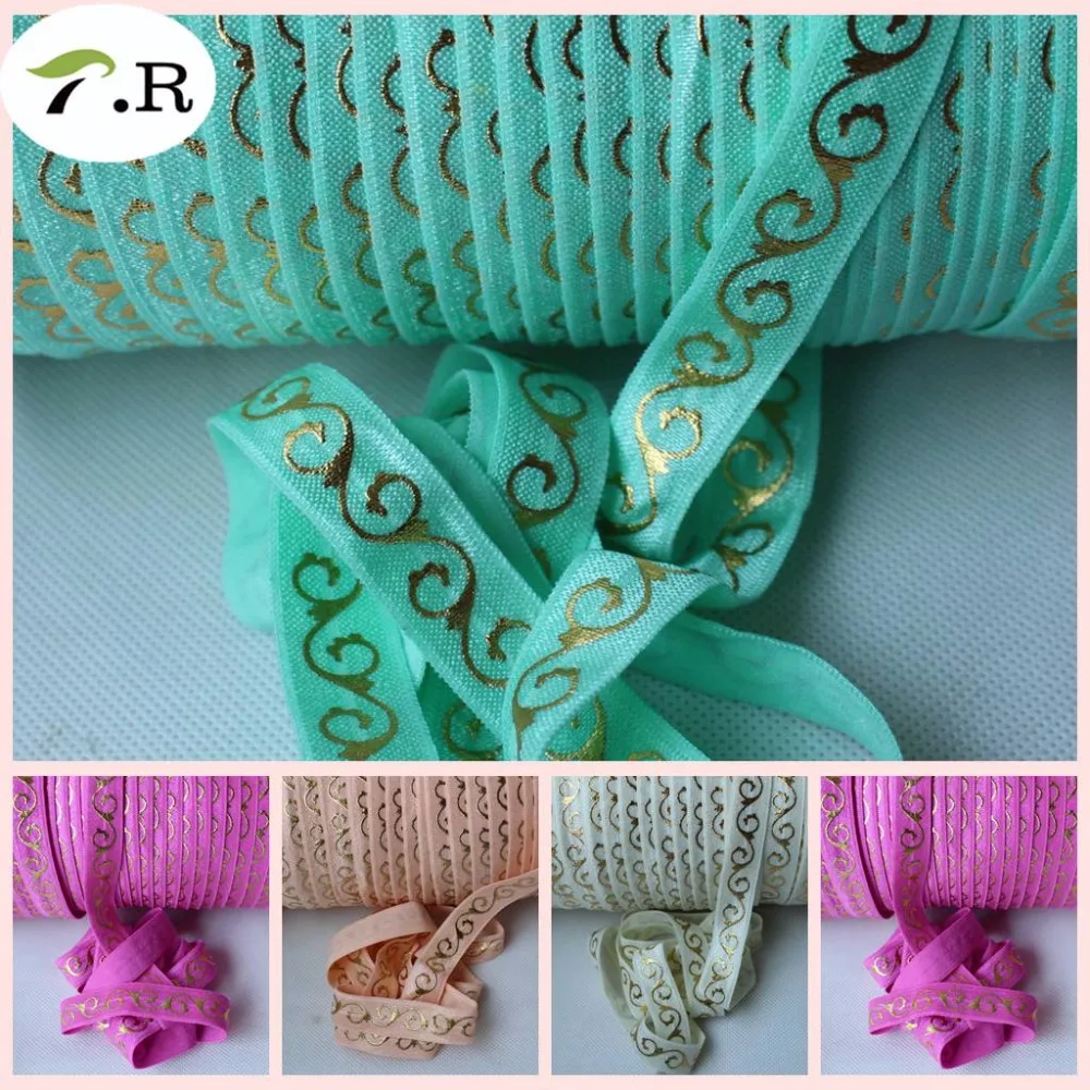 

4 colors 5/8" gold metallic swirl elastic foe, headband elastic, custom print fold over elastic ribbon