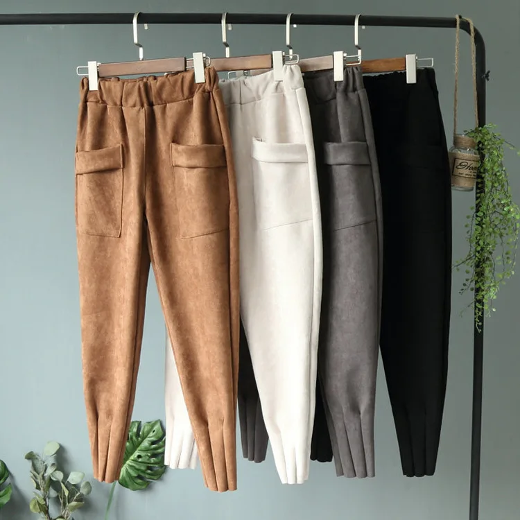 Эластичные женские брюки с высокой талией, зимние осенние брюки-карандаш, Капри, женские замшевые брюки с большим карманом и морковкой
